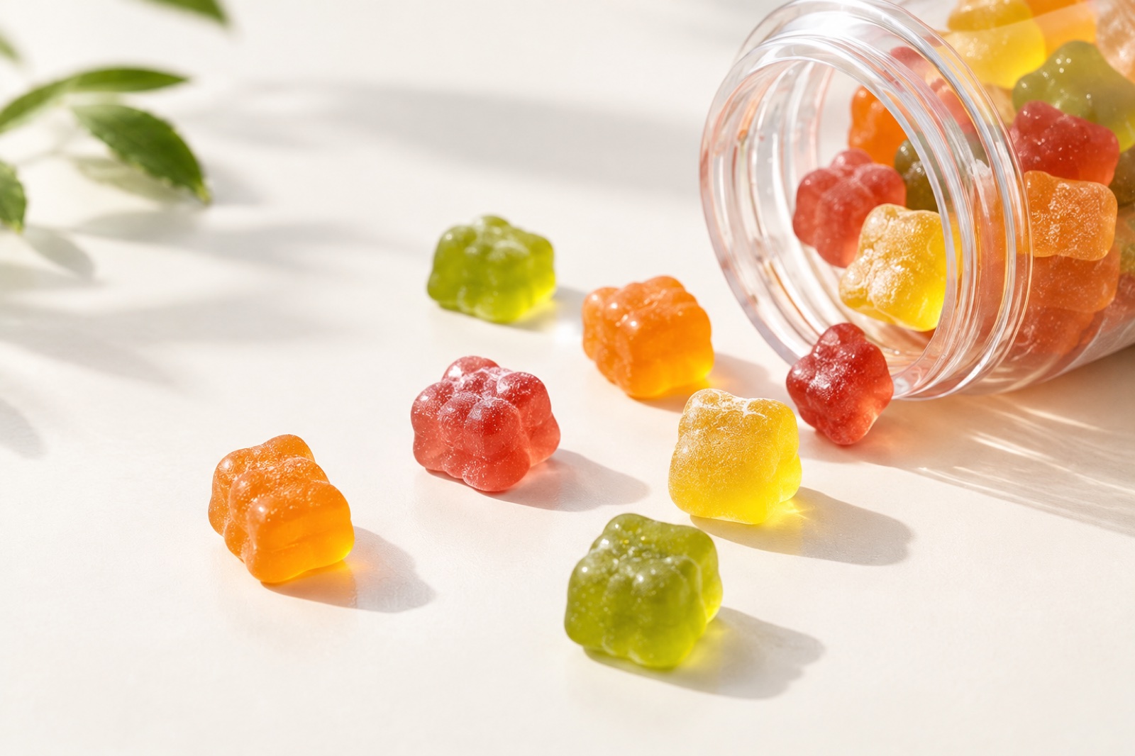 Colorful gummies spilling from a jar