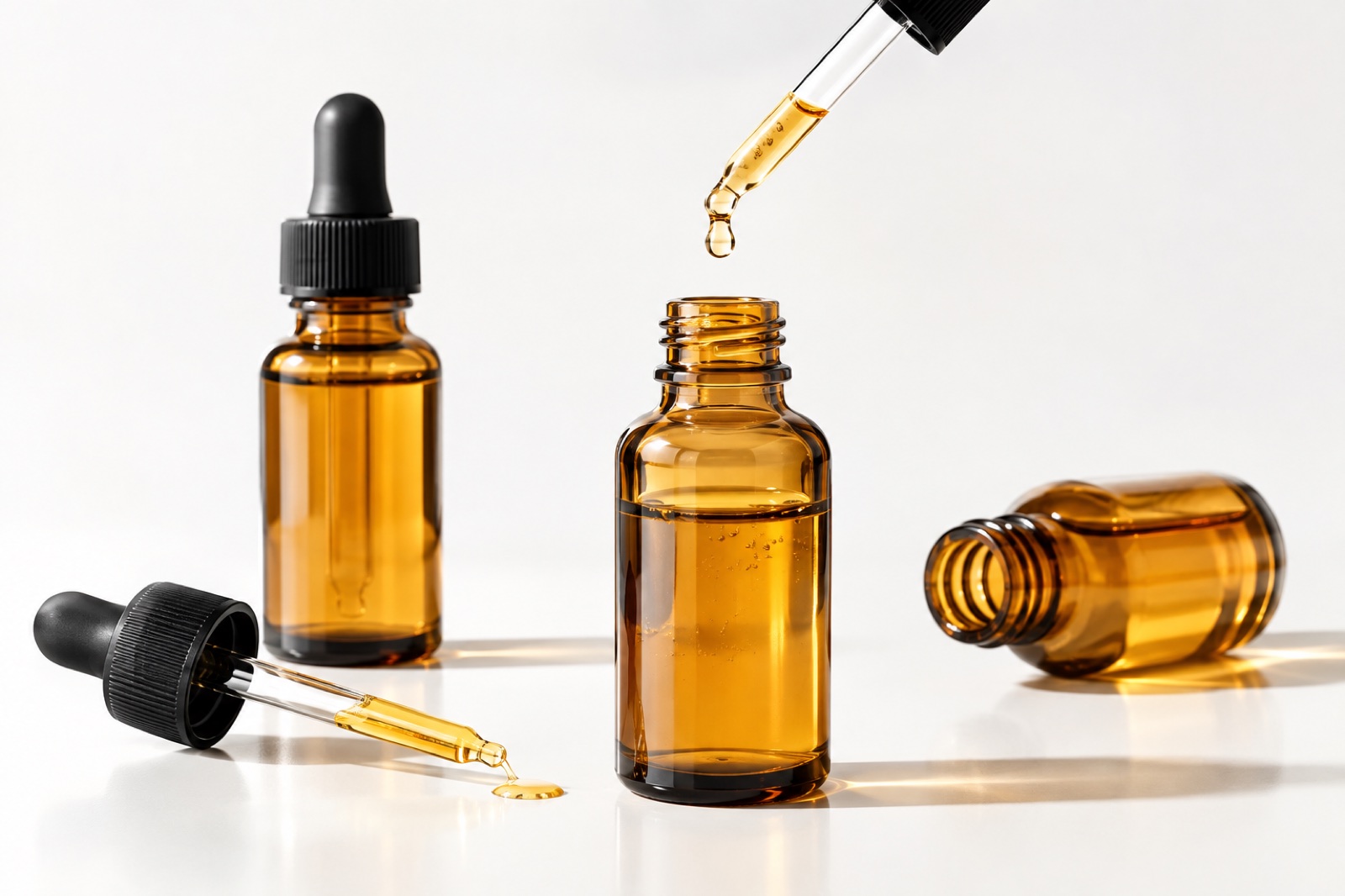 Amber dropper bottles with liquid